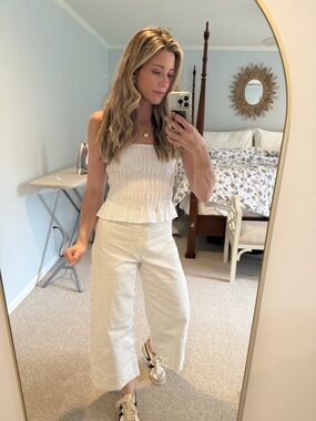 H&M White Smocked Spaghetti Strap Ruffle Hem Camisole